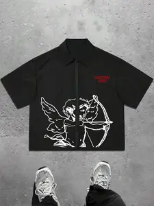 Men's Angel & Bow Print Zip Up Short Sleeve Shirt, Casual Trendy Shirt, Casual Style Shirt, Loose Casual Street Short Sleeve Collared Top for Summer, Fashion Men's Clothes for Daily Wear, Men's Clothing
