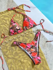 Two-Piece Set Women's Floral Print Triangle Sleeveless Bikini Set, Sexy Fashion Swimsuit Set for Beach Holiday Vacation, Ladies Summer Swimwear