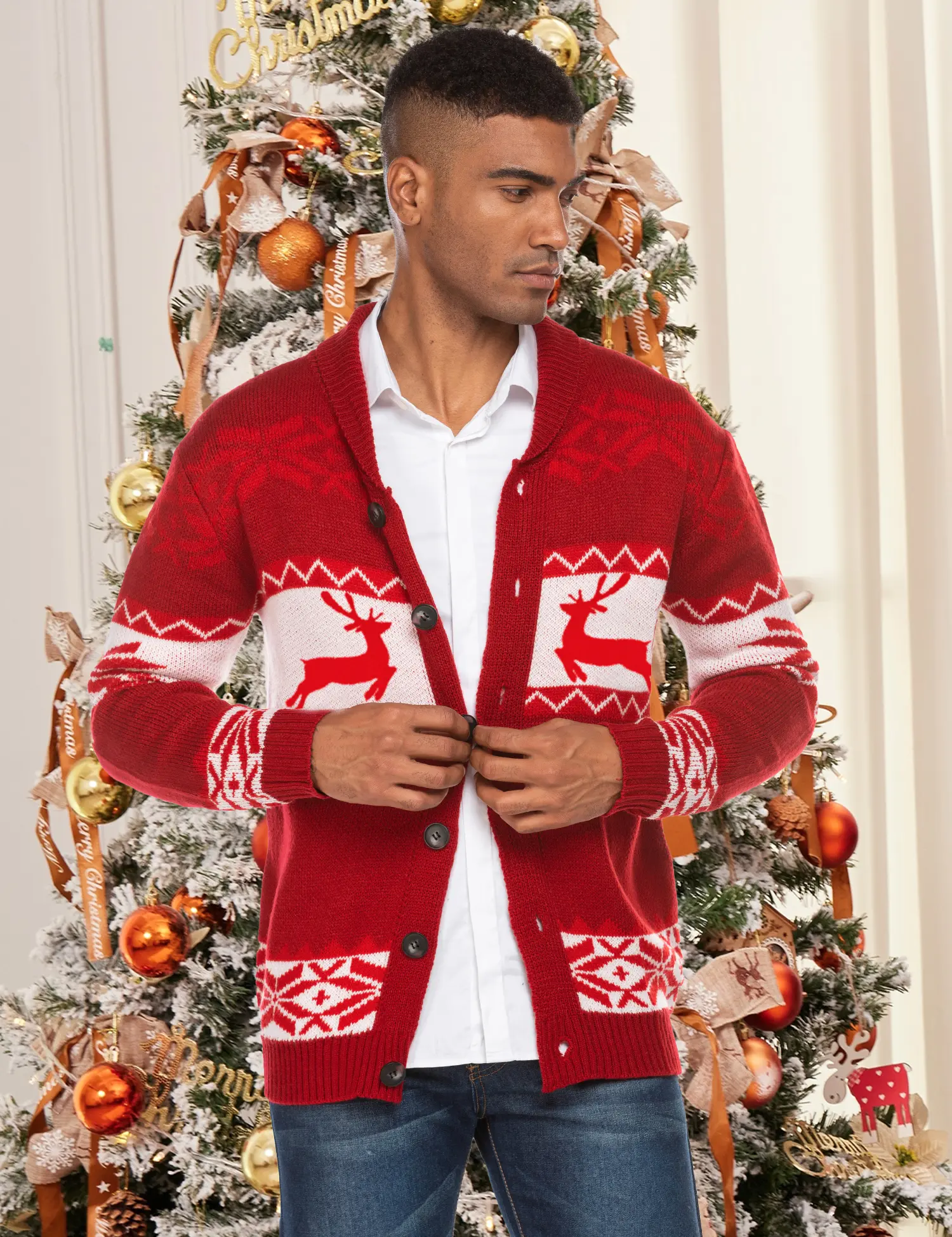 Coofandy Men's Fall Outfits Christmas Cardigan - Reindeer Snowflake Shawl Collar Knitted Sweater for Winter Festive Occasions Casual Preppy Style