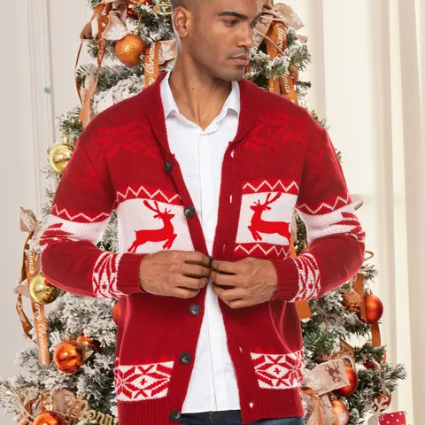 Coofandy Men's Fall Outfits  Christmas Cardigan - Reindeer Snowflake Shawl Collar Knitted Sweater for Winter Festive Occasions Casual Preppy Style