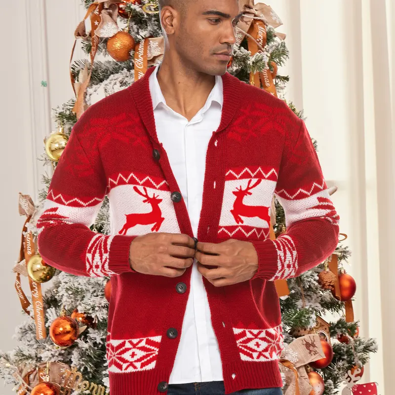 Coofandy Men's Fall Outfits  Christmas Cardigan - Reindeer Snowflake Shawl Collar Knitted Sweater for Winter Festive Occasions Casual Preppy Style