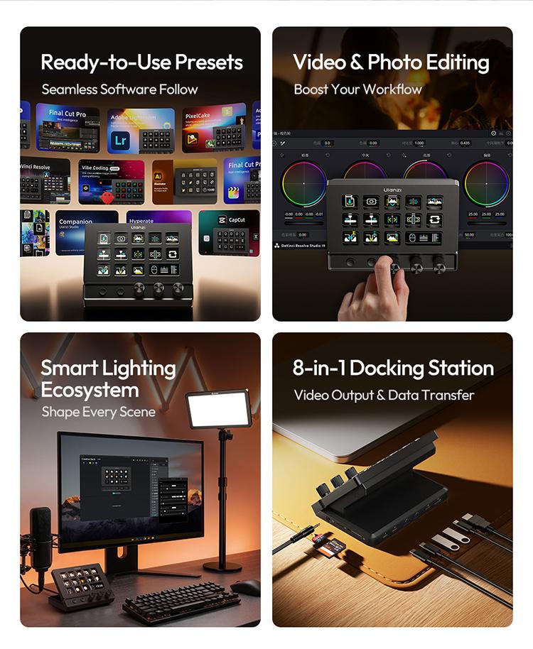 ULANZI D200X Stream Controller with 3 Knobs, 14 Customizable LCD Keys Macro Keyboard, 8-in-1 USB-C Hub Docking Station with 4K HDMI Content Creator Equipment for OBS/Video Editing/Photography/PC
