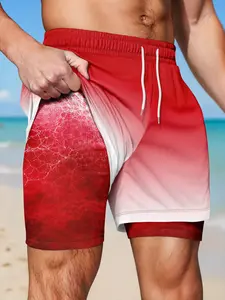 Men's Gradient Marble Texture Two-In-One Swim Trunks, Quick-Dry Beach Shorts, Breathable Summer Pool Wear, Fitted All-Over Print, Swimwear Shorts