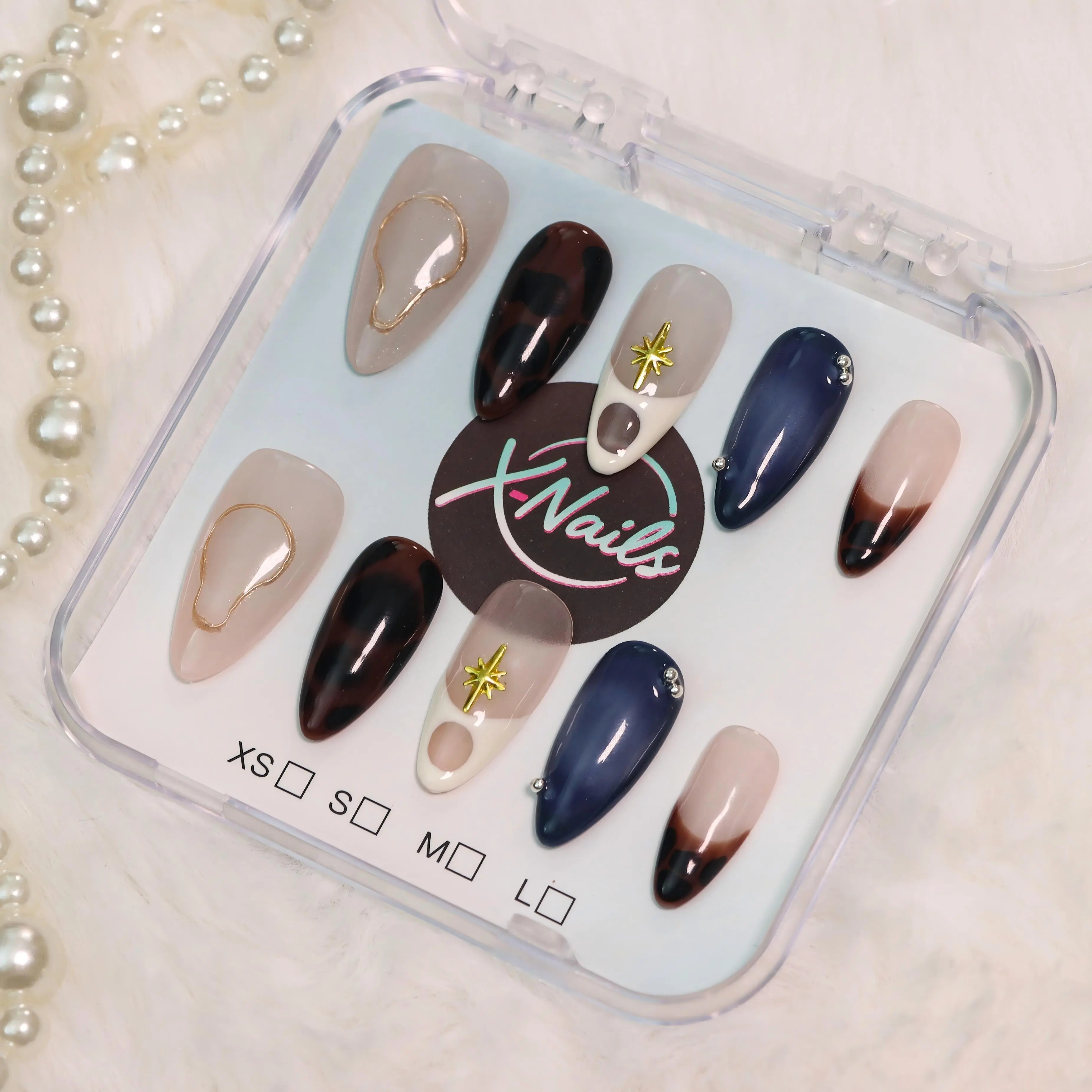 xnails Moon Shadow Press on False Nails, 10 Pcs Handmade Reusable Nail Art Set, Dainty Almond Shape with Glitter & Rhinestone Embellishments, Colored Rhinestone Embellishments Press On False Nails