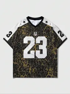 Men's Leopard Print V Neck Short Sleeve Football Style T-Shirt, Breathable Polyester Fabric, Casual Fashion Tee for All Seasons