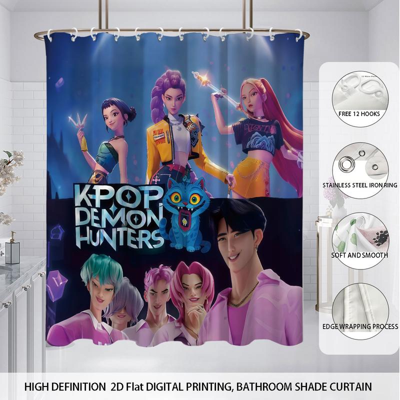 K-POP Demon Hunters Bathroom Set, Including Shower Curtain with 12 Hooks, Non-Slip Bath Rug, U-Shaped Toilet Mat, Toilet Lid Cover, Bathroom Decoration Accessories