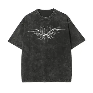 Men's Acid Wash Vintage Grey Heavyweight T-Shirt - Oversized, Printed Y2K Cyber Sigilism, Tribal Chrome Graphic, Gothic Grunge Streetwear Top