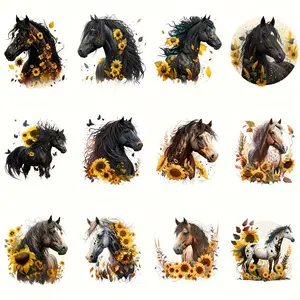12-Piece Horse Theme DIY Heat Transfer Stickers, Washable Fabric Stickers for T-Shirts, Jackets, Jeans, Sports Bras