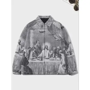 Autumn Men's Oversized Painting Print Jacket - Unique Art Design Graphic Print Outerwear for Couples - Medium Size Coats Fashion Menswear Thin Matching Tops Black Casual Long Sleeve Polyester