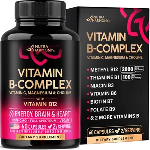 Vitamin B Complex 11-in-1 with Vitamin C for Men & Women, Made in USA, B1 B2 B3 B5 B6 B7 B9 B12, Choline & Inositol, Daily Energy, Brain & Heart Health Support, 60 Vegan Capsules