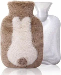 Cute Rubber Hot Water Bottle with Plush Soft Cover, Hot Water Bag for Pain Relief, Warm Compress for Period & Menstrual Cramp Relief, Hot Water Bottles Gift for Cramps Comfort, Brown