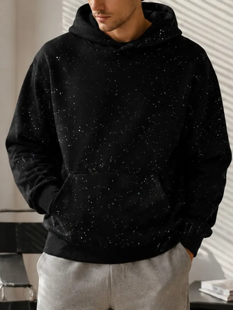 TELLFUN--Sequined Pullover Hoodie - Fashionable Casual Long-Sleeved Menswear Top with Pockets, Loose-Fitting Y2K Galaxy Sweatshirt for Autumn & Winter