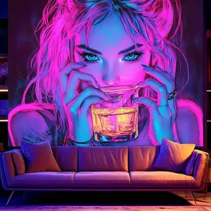 1pc UV/Blacklight Reactive Tapestry - Glow Under UV Light, Large Wall Hanging Decor for Living Room, Bedroom, Party - Neon Purple & Blue Poster - No Electricity Needed, Easy Hang Installation, Room Decor Aesthetic, Bedroom Enhancement, Glowing Artwork,