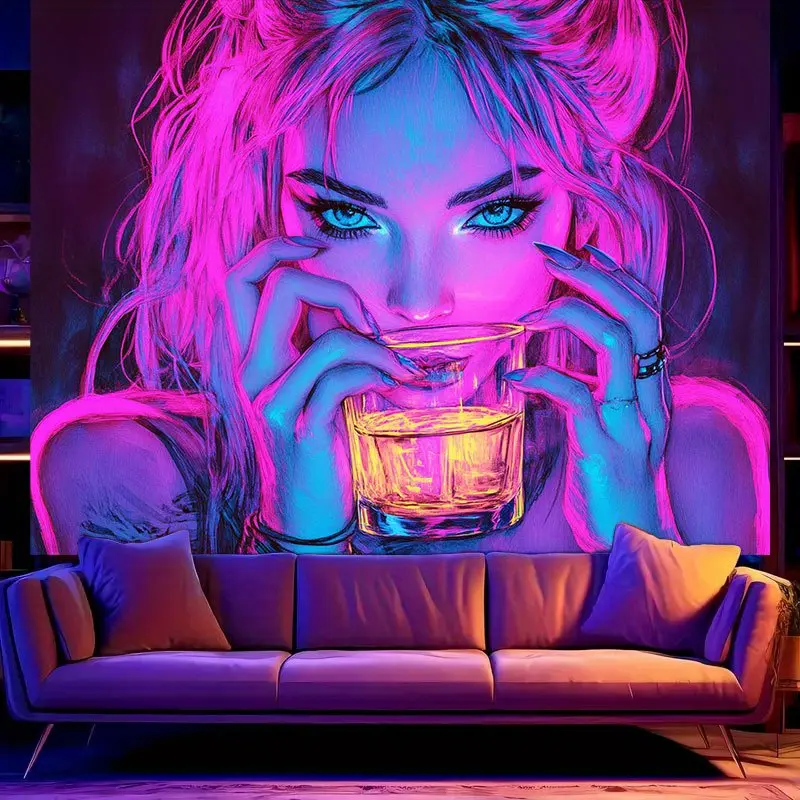 1pc UV-Blacklight Reactive Glow-in-the-Dark Tapestry - Cordless Neon Purple & Blue Indoor Home Decor Wall Hanging, Easy-Hang Large Living Room & Party Decoration Supplies, Indoors