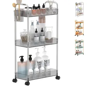 Acrylic Storage Rolling Cart 3 Tier Clear Bathroom Cart Organizer, Transparency Laundry Room Organization Mobile Shelving Unit Multifunction Rolling Utility Cart for Office Living Room