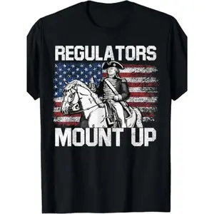 4th of July Revolutionary War T-Shirt - Regulators Mount Up Colonial Militia Design with Paul Revere & Flag, Comfortable  Crew Neck Tee for Independence Day, Historical Themed Party Outfit (Sizes S-XXL)