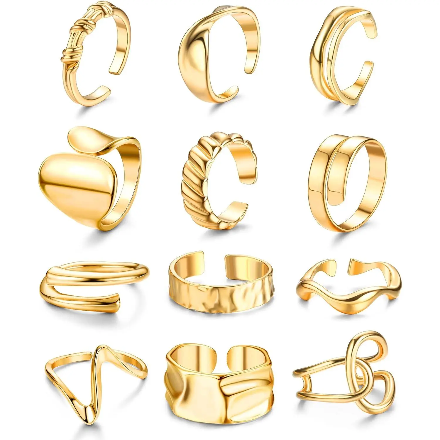 YADOCA 12Pcs Chunky Rings for Women - 18K Plated Gold Thick Rings Stacking Open Rings Set Adjustable