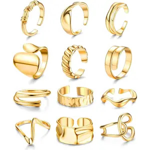 YADOCA 12Pcs Chunky Rings for Women - 18K Plated Gold Thick Rings Stacking Open Rings Set Adjustable
