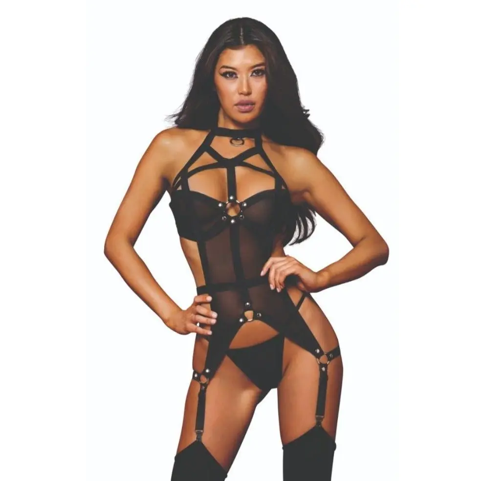Black Strappy Bustier Set with Stud Accents