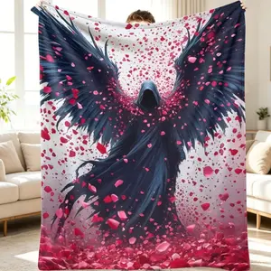 Dark Angel Fantasy Flannel Blanket, Gothic Wing & Rose Petal Print, Soft Cozy Throw for Bedroom, Living Room Sofa, Halloween Decor, Lightweight, Fade-Resistant, Gift for Friends adult children's blankets