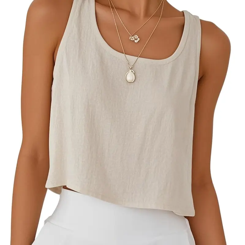 IDEALSANXUN Women's Comfy Linen Blend Tank Top - Sleeveless, Wide Strap, Square Scoop Neck, Cropped Cami Blouse, Back Button Flair, Cute Floral Fabric, Lightweight Women's Tops for Spring Summer Dressy Casual Wear (Dry in Shade)