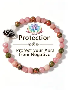 Rose Quartz & Unakite Protection Bracelet, Lotus Charm Beaded Bangle, Shield Aura From Negative Energy, Spiritual Jewelry for Healing