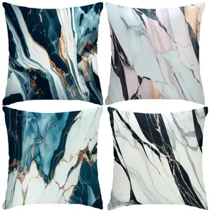 Luxury Marble Texture Pillow Covers Set of 4, Blue Gold Design, Polyester Material, Winter Home Decor