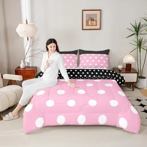 Feelyou Kids Microfiber Bedding Comforter Set - Pink Black, Multi-Size, Cartoon Themed, Polka Dots Digital Print, Breathable Girly Look, All-Season Quilt Set with Simple Geometric Circle Duvet Insert, Microfiber Cloth
