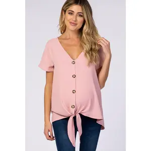 Light Pink Button Tie Front Maternity Top