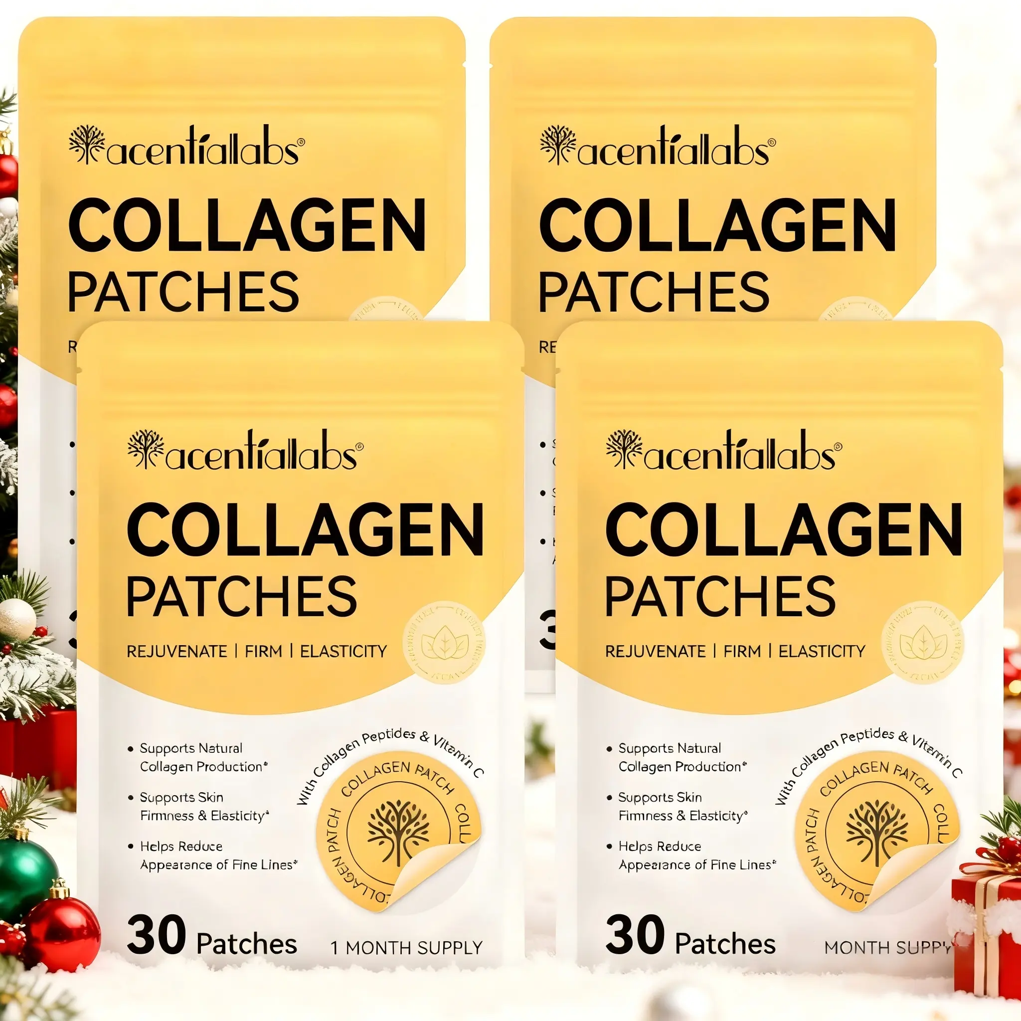Christmas Acentualabs Collagen Patch 120pcs, Contains Collagen Peptides & Vitamin C, Skin Care Patches, Vegan Slow-Release, 4 Bags, 30pcs Each