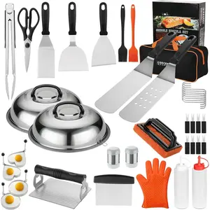 40 count Griddle Accessories Kit, Flat Top Grill Accessories Set for Outdoor Barbecue. Griddle Accessories Set with Basting Cover, Spatula, Scraper, Burger Press, Tongs, Cleaning Kit