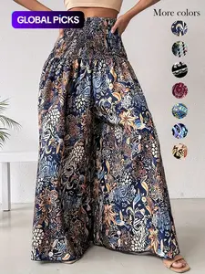 Women's Ethnic Pattern Shirred Waist Wide Leg Pants, Boho Bohemian Casual High Waist Trousers for Daily Everyday Holiday Vacation Wear, Ladies Bottoms for All Seasons