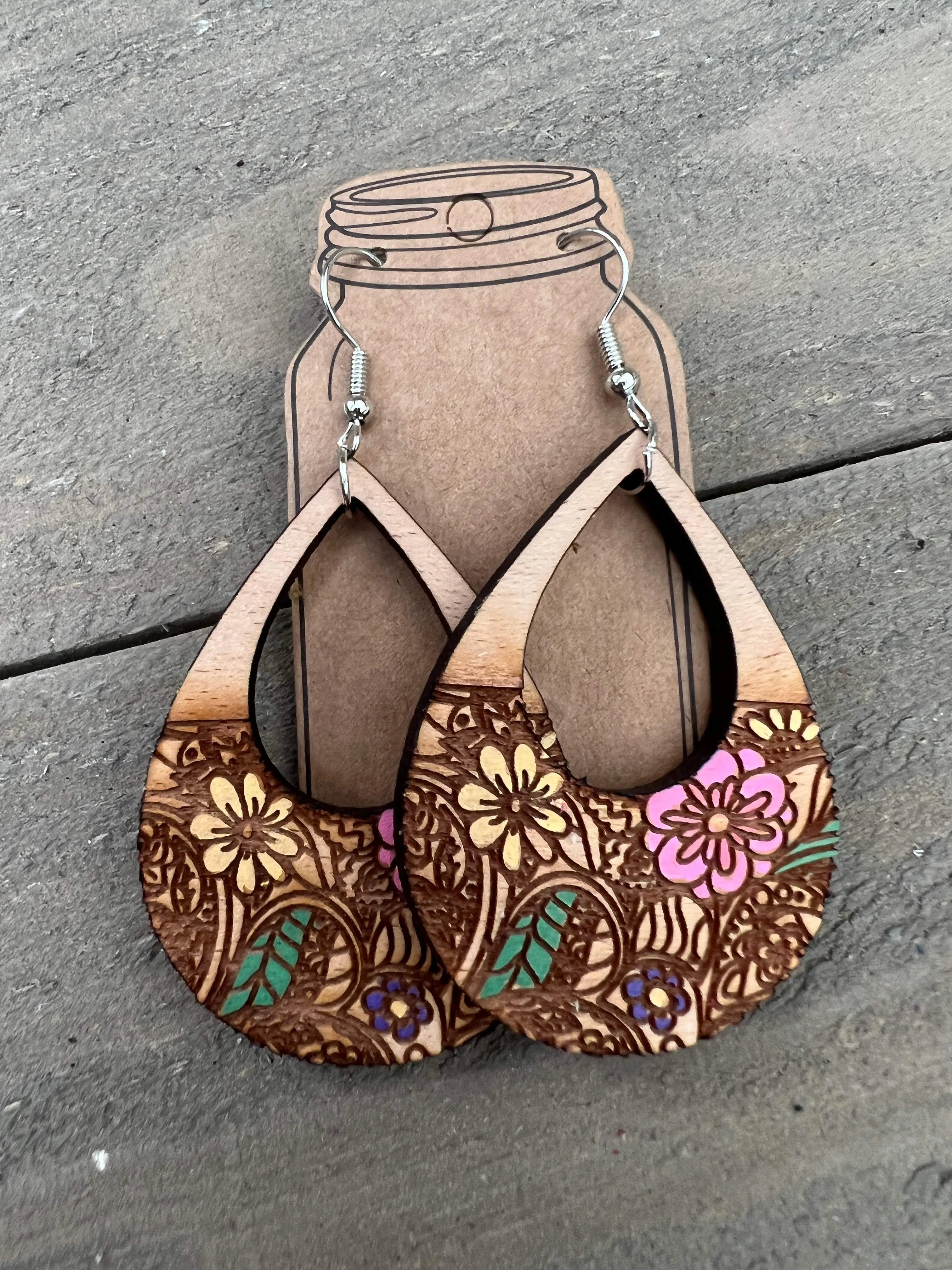 Floral Engraved Wooden Earrings