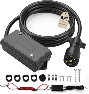 7 Way Trailer Wiring Harness Kit 5 FT with 7 Way Trailer Junction Box, Trailer Plug 7, 7 Pin Trailer Wiring Harness for Trailers, RVs, Flexible Connection, Good Sealing Performance