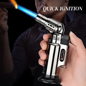 Windproof Metal Butane Torch Lighter with Safety Lock & Adjustable Flame – Sleek Blue Flame, Refillable for Cooking, Welding, Baking & Dessert Making , Kitchen Torch Lighter | Sleek Metallic Lighter | Sophisticated Look, Torch Lighters Refillable