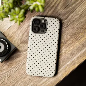 Classic Cream Black Polka Dot Tough Phone Case, MagSafe Dual Layer Protective Shockproof Cover, Simple Vintage Style, Cute Aesthetic Gift For Him and Her