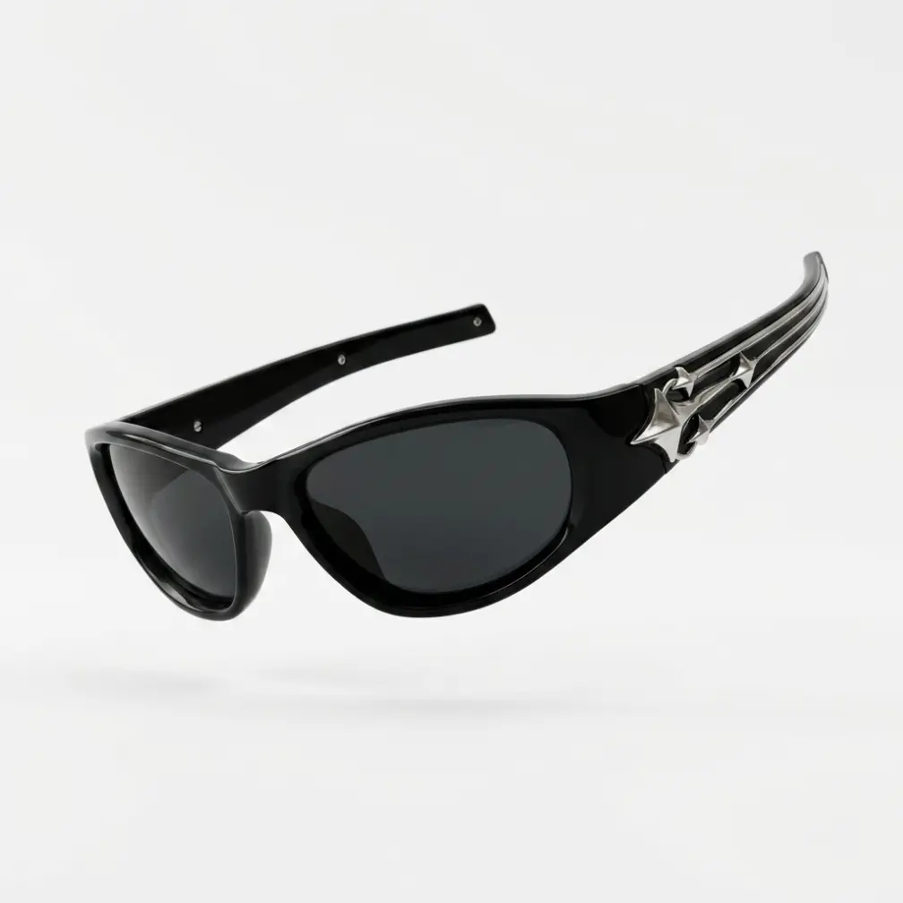 Futuristic Shield Sunglasses, Stylish Silver Wing Detail Eyewear for Man and Woman, Trendy Streetwear Look