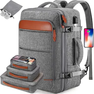 Hidden Shoulder Straps Travel Backpack 42L No Wheels Flight Approved Expandable Luggage Backpack with 3 Packing Cubes & USB Port for Women Men