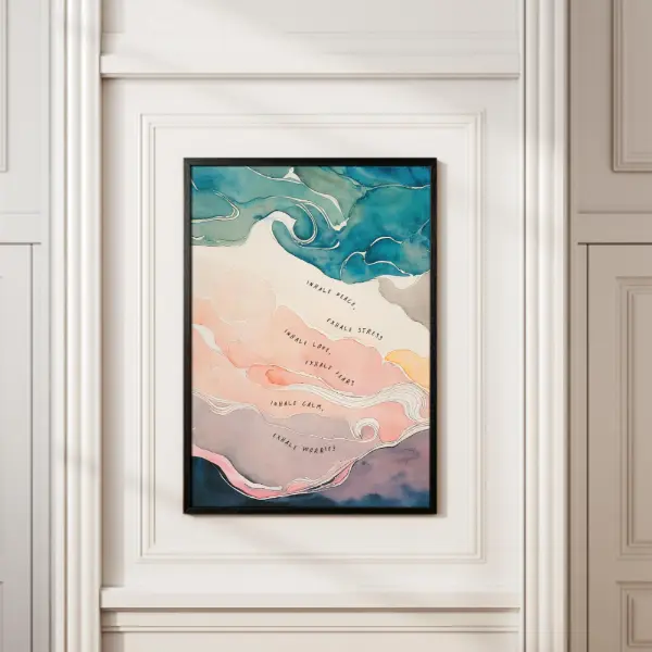Pastel Watercolor Mindfulness Poster Inhale Peace Exhale Stress Inspirational Abstract Wall Art Calming Self Care Print for Bedroom Living Room Office Yoga Studio Dorm