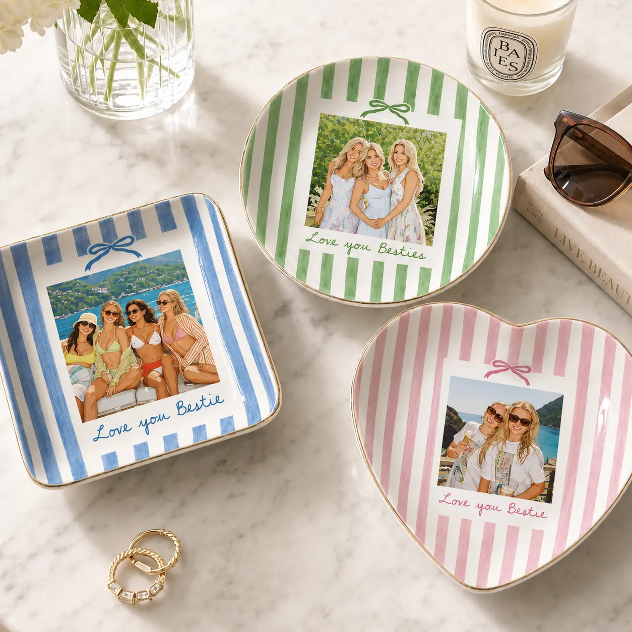 Personalized Bestie Photo Vector Jewelry Dish, Ceramic Trinket Tray for Best Friend, Bestie Striped Ring Dish, Birthday Gifts For Bestie, Bestie Gifts Idea, Best Friend Gift