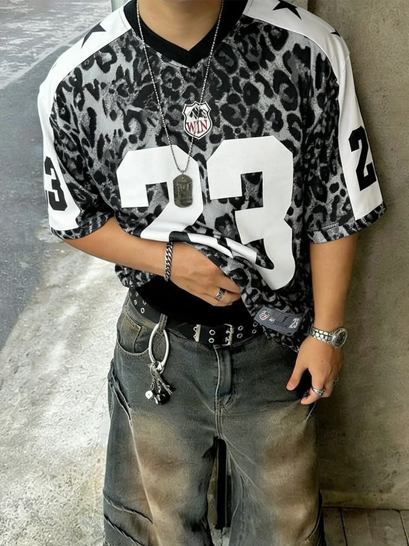 Men's Leopard Print #23 Football Jersey, Star Patch V-Neck Short Sleeve Athletic Tee, Streetwear Hip-Hop Sport Top For Daily Wear