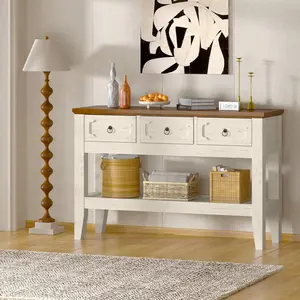 Garvee 47" Farmhouse Console Table for Entryway with 3 Drawers and Large Storage Shelf, Narrow Rustic Design, Easy Assembly, Ideal for Living Room and Hallway, Beige & Brown Finish