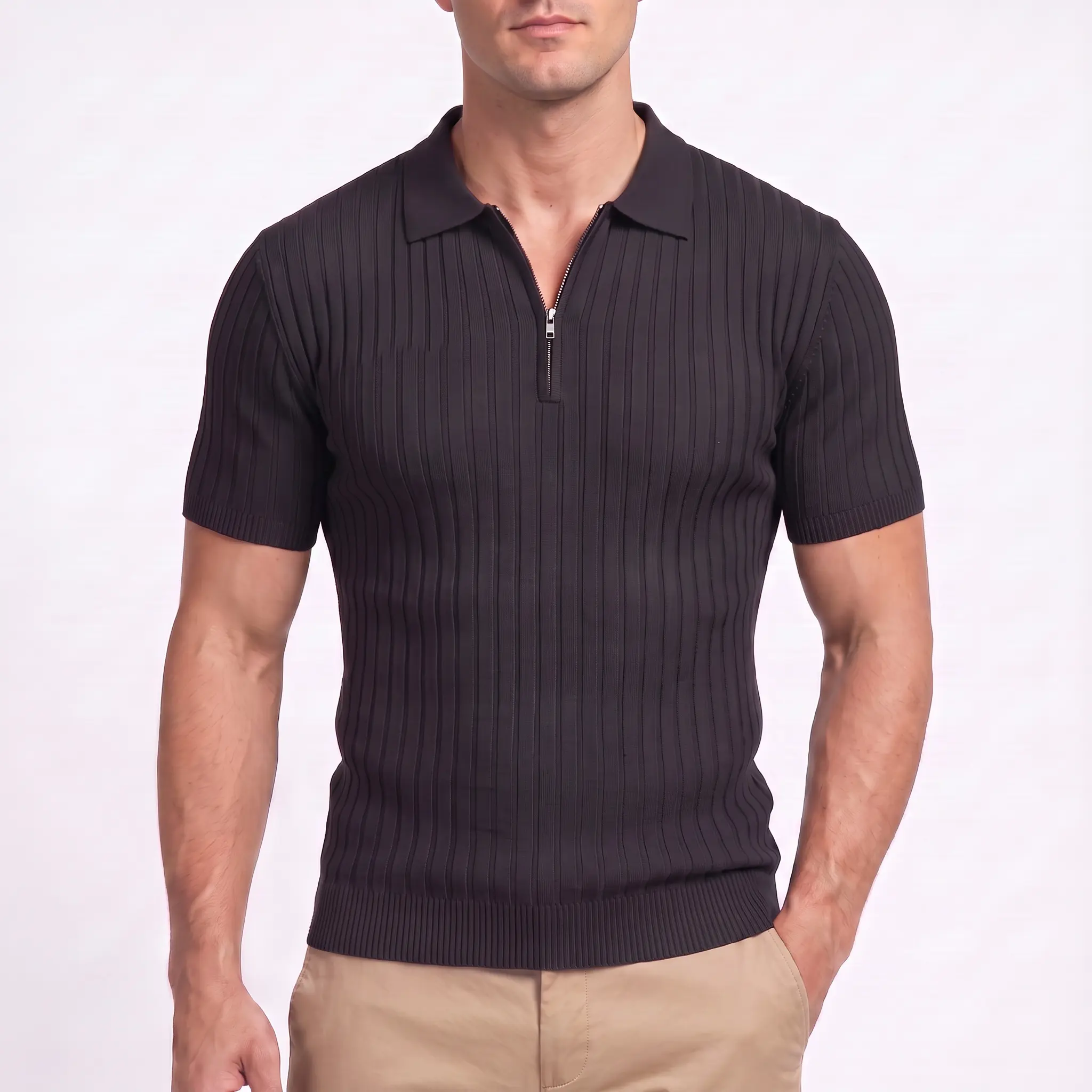 Men's Zipper Polo Shirts Short Sleeve Ribbed Knit Polo T Shirts Fashion Casual Golf Shirts