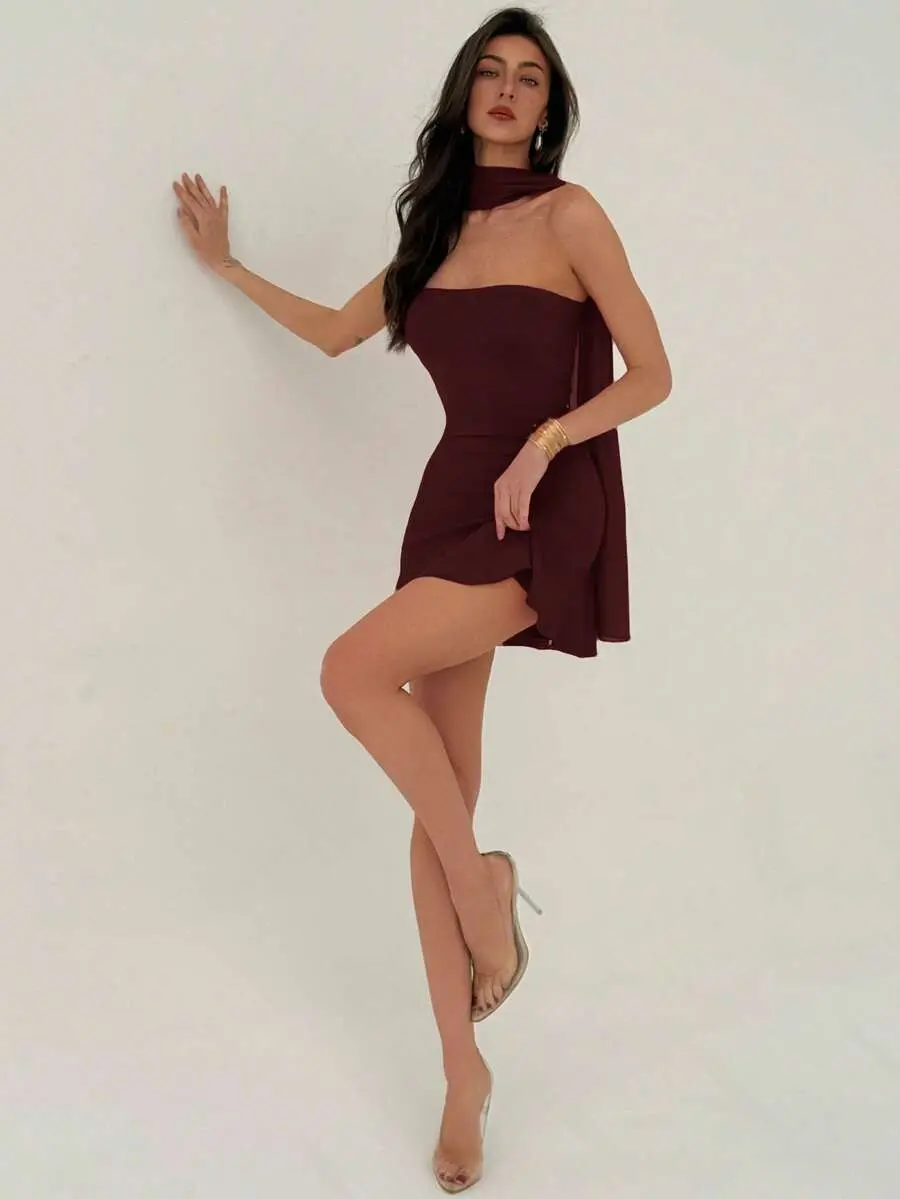 Women's Solid Color Ribbon Design Fashion Halter Mini Dress Elegant Dress Burgundy Dress Club Night Summer