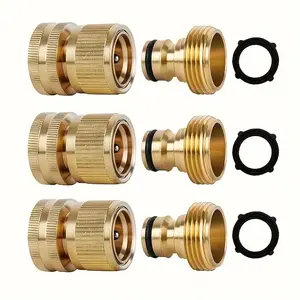 [6pcs Solid Brass Garden Hose Quick Connectors] 3/4 Inch GHT Thread Brass Fittings, Easy-Connect Leak-Proof Male/Female Water Hose Accessories