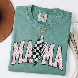 Checkered Mama Shirt | Comfort Colors Light Green Mom Tee | Aesthetic Retro Lightning Bolt Mama Top | Trendy Mother's Day Gift for Her