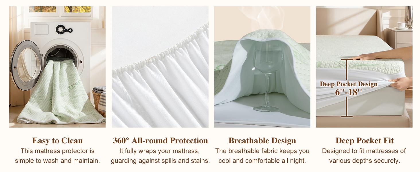Shilucheng Queen Size Waterproof Bamboo Cooling Mattress Protector (60"x80"), OEKO-TEX Certified Anti-mite Hypoallergenic, Noiseless Breathable Washable Cover, 6–18 Inch Deep Pocket