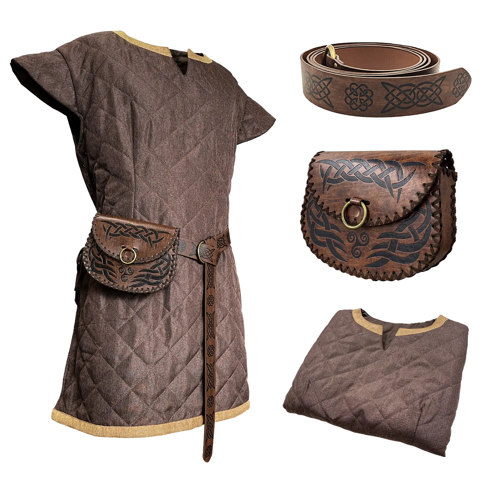 HiiFeuer Medieval Costume for Men, Vintage Historical Polyester Tunic Set with Belt & Bag, Multi-Size Armor for Renaissance LARP Cosplay, Medieval Dress, Vintage Belt, Historical/Period