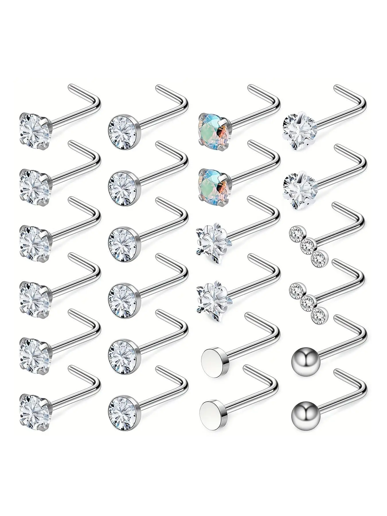 24pcs/set Rhinestone Decorated Stainless Steel Nose Studs, Stud Nose Rings, Nose Piercing Jewelry for Women & Men, Body Matching Jewelry for Parties, Daily Clothing Decor, Nose Ring Jewelry