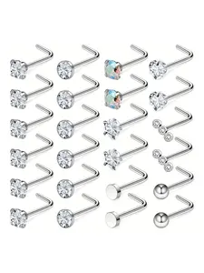 24pcs/set Rhinestone Decorated Stainless Steel Nose Studs, Nose Piercing Jewelry for Women & Men, Body Matching Jewelry for Parties, Daily Clothing Decor, Nose Ring Jewelry